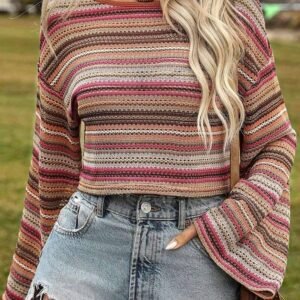 Rose Red Ethnic Striped Wide Cropped Long Sleeve Top