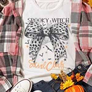 White Spooky Witch Leopard Bowknot Bat Graphic Halloween T Shirt