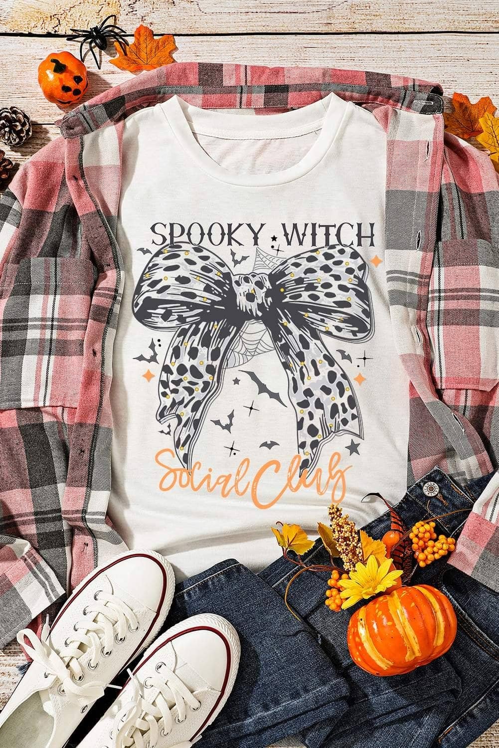 White Spooky Witch Leopard Bowknot Bat Graphic Halloween T Shirt