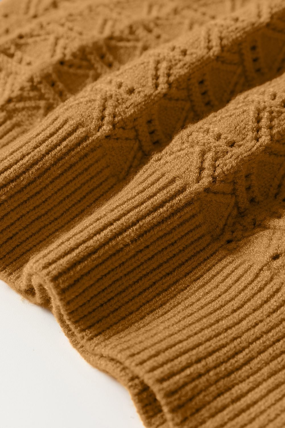 Jurassic Gold Hollow Out Crochet Ribbed Edge Balloon Sleeve Sweater