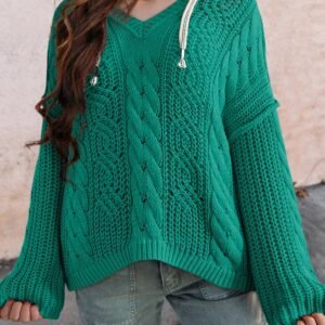 Sea Green Cable Knit V Neck Contrast Drawstring Hooded Sweater