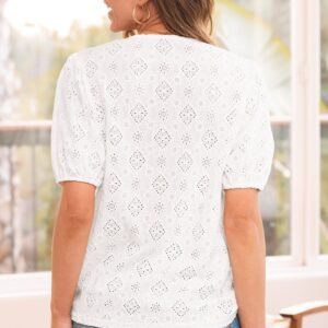 White Lace Puff Sleeve V Neck Button Up Shirt