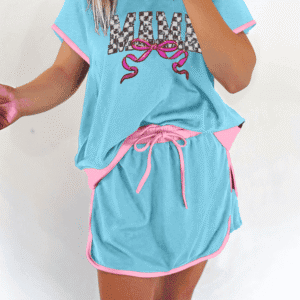 Turquoise Mama Bow Patched Graphic Contrast Trim Tee And Mini Skirt Set