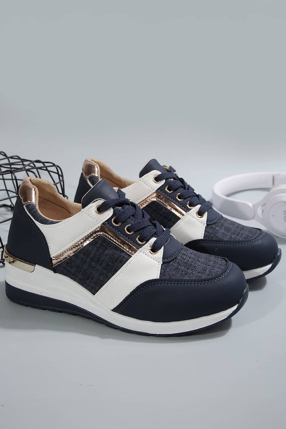 Sail Blue Glitter Patched Lace-Up Wedge Sneakers