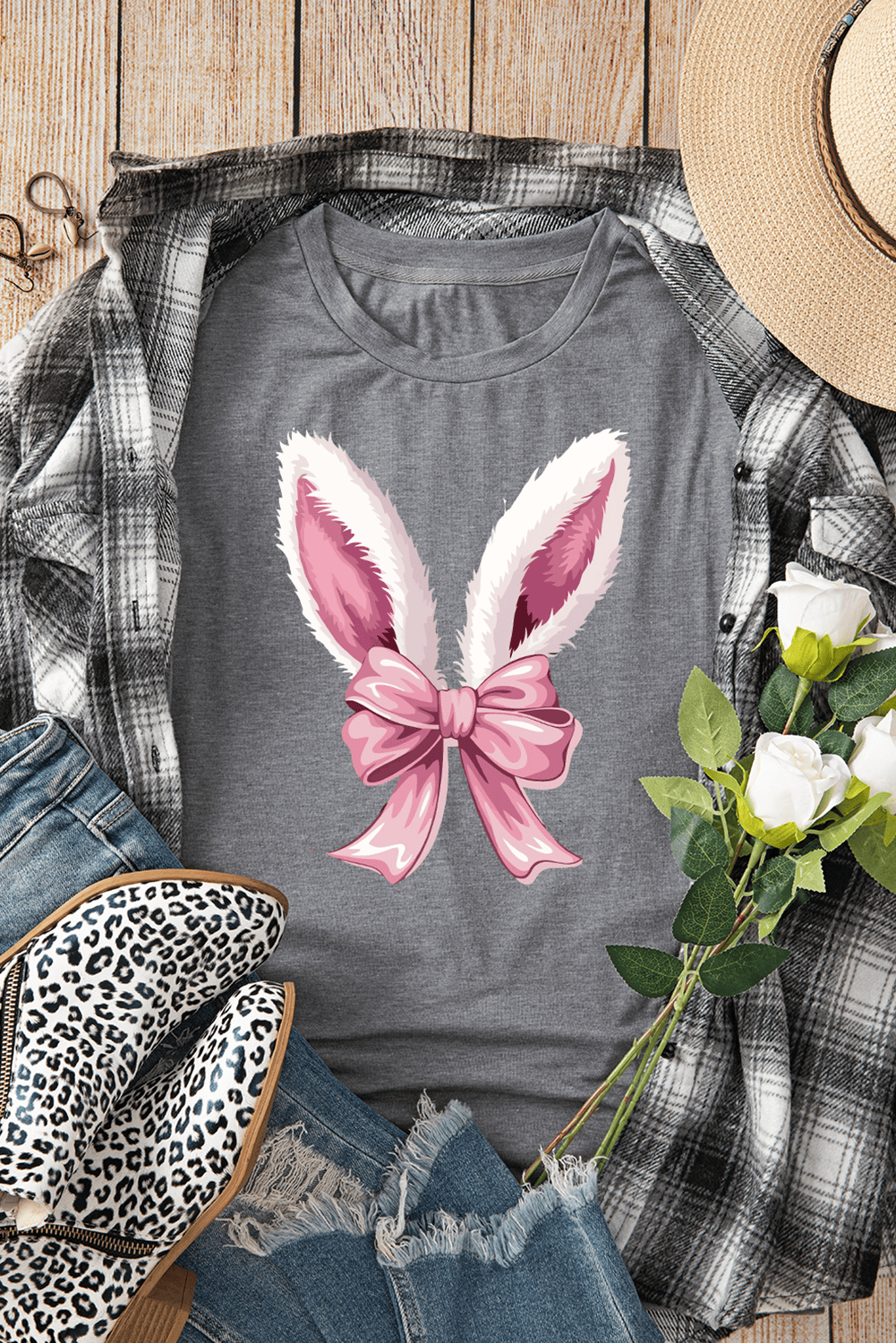 Gray Bunny Ear Bow Printed Easter Fashion T Shirt