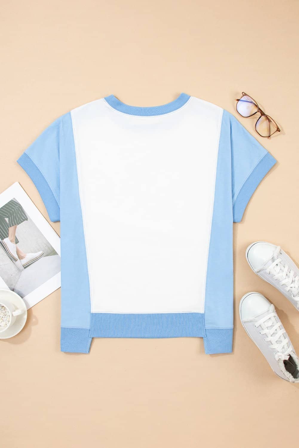 Sky Blue Patriotic Star Patched Colorblock T Shirt