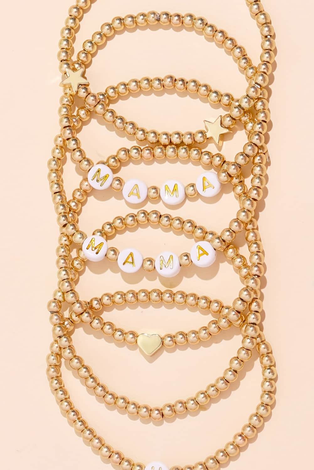 Gold 6Pcs Mama Heart Star Shape Beaded Bracelet Set