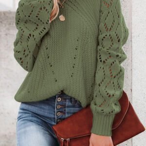 Green Hollow-Out Puffy Sleeve Knit Sweater