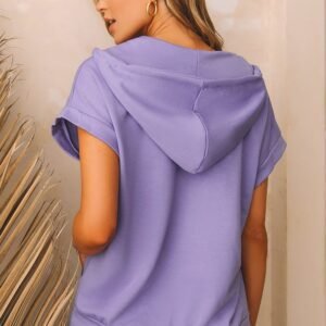 Purple Short Sleeve Buttoned Neck Kangaroo Pocket Hoodie
