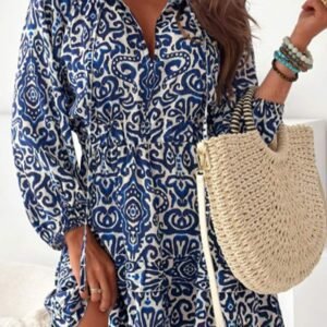 Blue Vintage Print Lace Up V Neck Long Sleeve Mini Dress