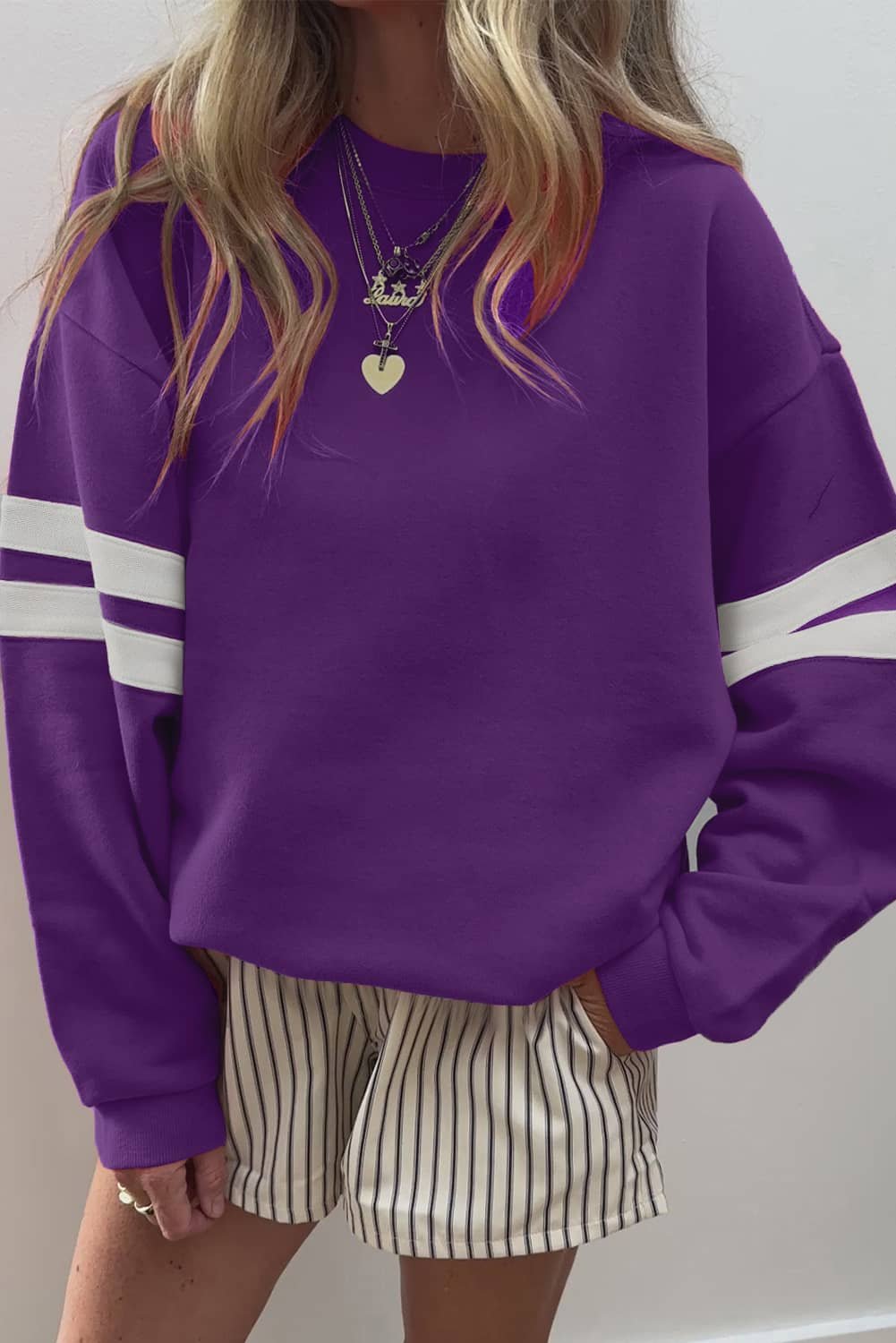 Tillandsia Purple Varsity Striped Detail Drop Shoulder Oversized Sweatshirt
