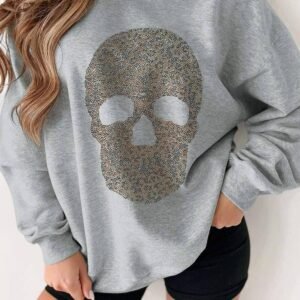 Light Grey Rhinestone Skull Graphic Drop Shoulder Sweatshirt