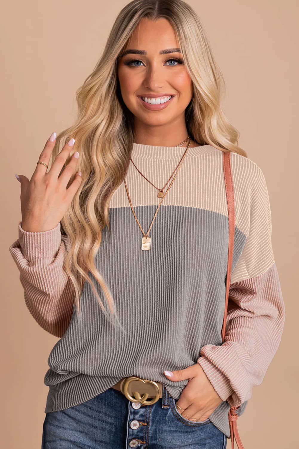 Multicolor Color Block Long Sleeve Ribbed Loose Top