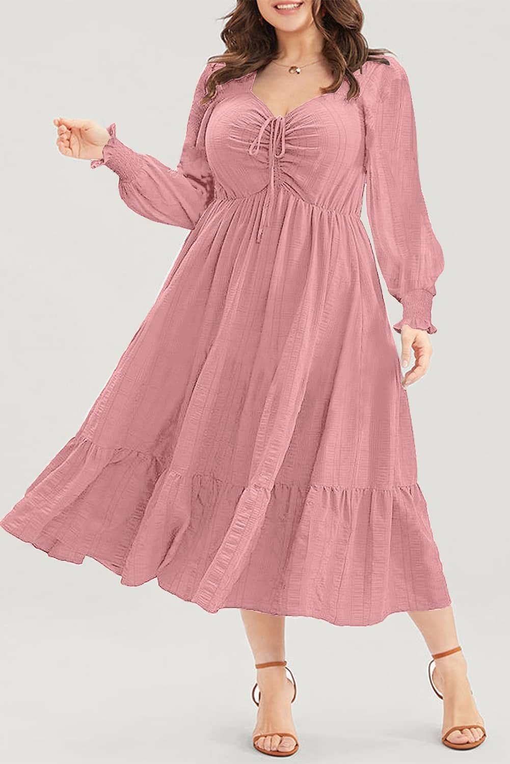 Pink Lace-Up Ruched Front Long Sleeve Ruffle Hem Plus Size Midi Dress