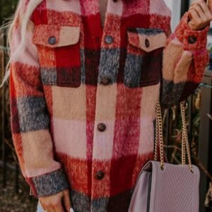 Orange Plaid Print Flap Pockets Buttoned Casual Plus Size Jacket