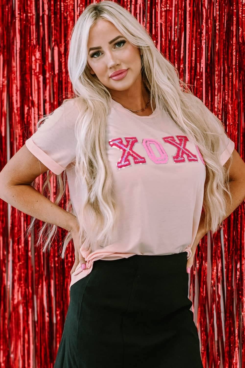 Pink Valentines Shiny Xoxo Graphic T-Shirt