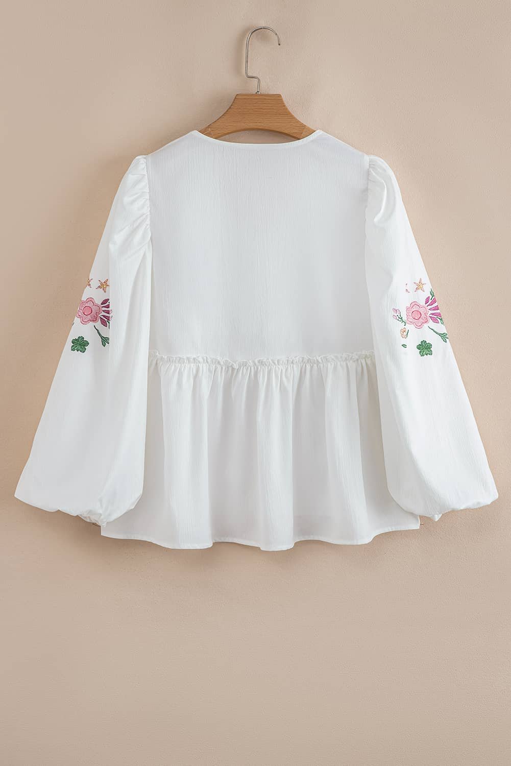 White Flower Lace-Up V Neck Babydoll Blouse