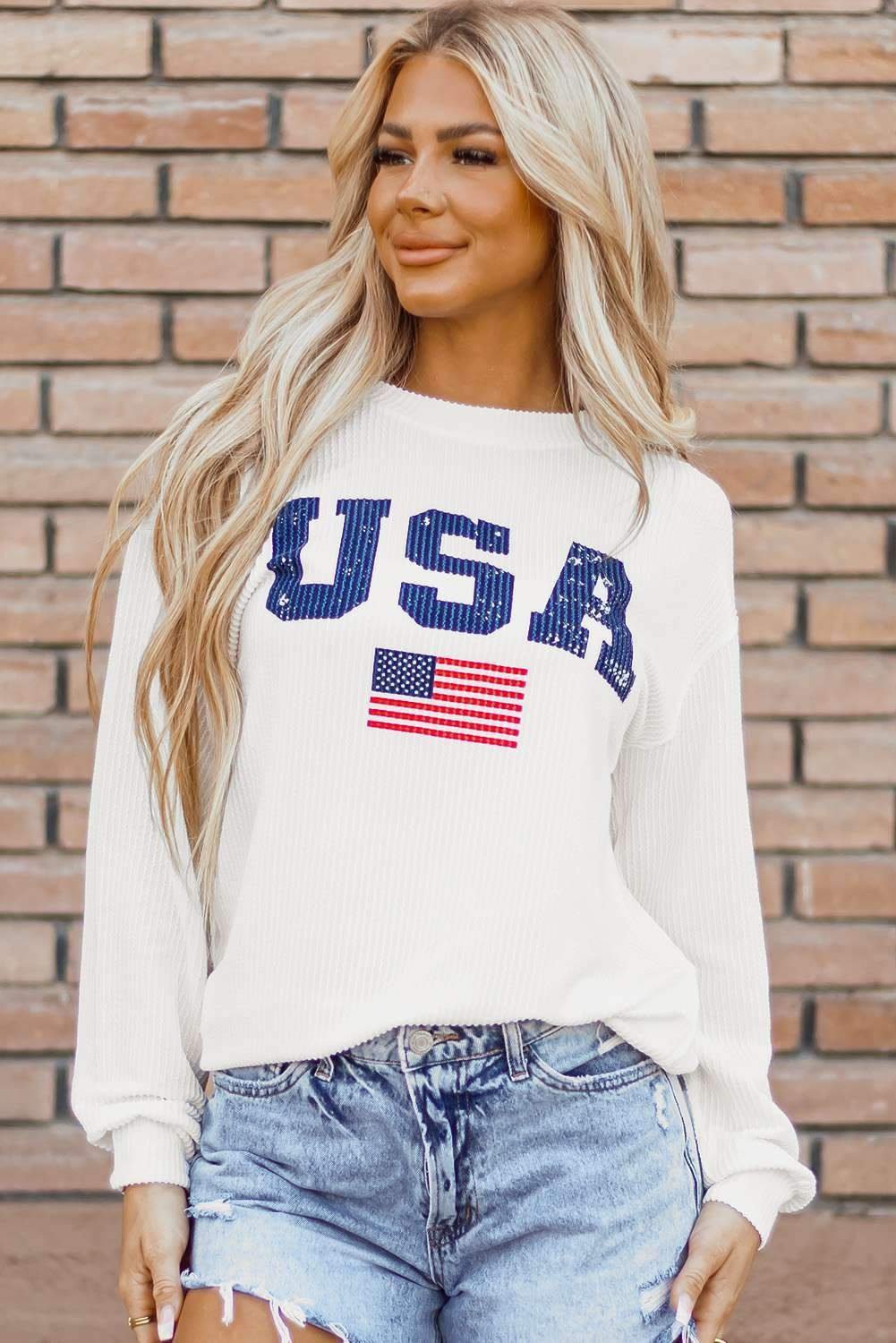 White Usa Flag Corded Graphic Sweatshirt