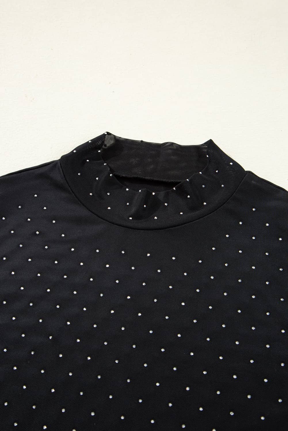 Black Rhinestone Embellished Mesh Long Sleeve Top