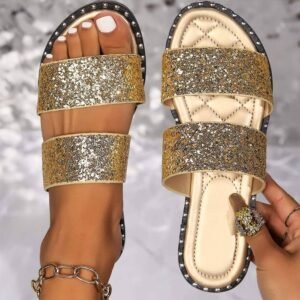 Gold Glittering Hollow Out Dual Straps Flat Slippers