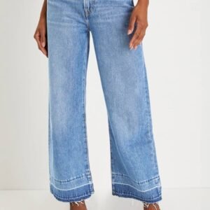 Dusk Blue Raw Hem Straight Leg Loose High Waist Jeans