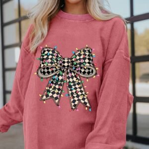 Strawberry Pink Checkered Bow Print Ribbed Crew Neck Pullover Sweatshirt