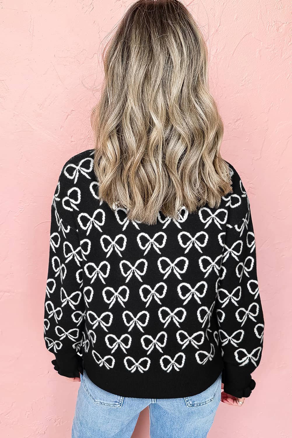 Black Cute Bow Pattern Drop Shoulder Zipped Collar Sweater