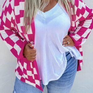 Bonbon Checkered Pattern Open Front Plus Size Cardigan