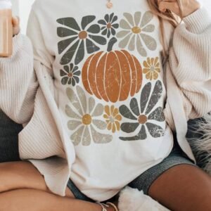 White Thanksgiving Pumpkin Print Loose Crewneck Tunic T Shirt