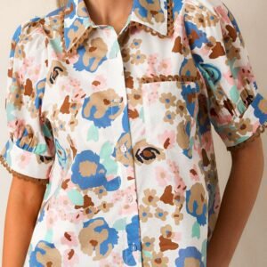 Multicolour Floral Print Ricrac Trim Collared Puff Short Sleeve Shirt