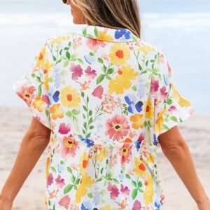 Yellow Floral Boxy Fit Ruffled Short Sleeve V Neck Blouse