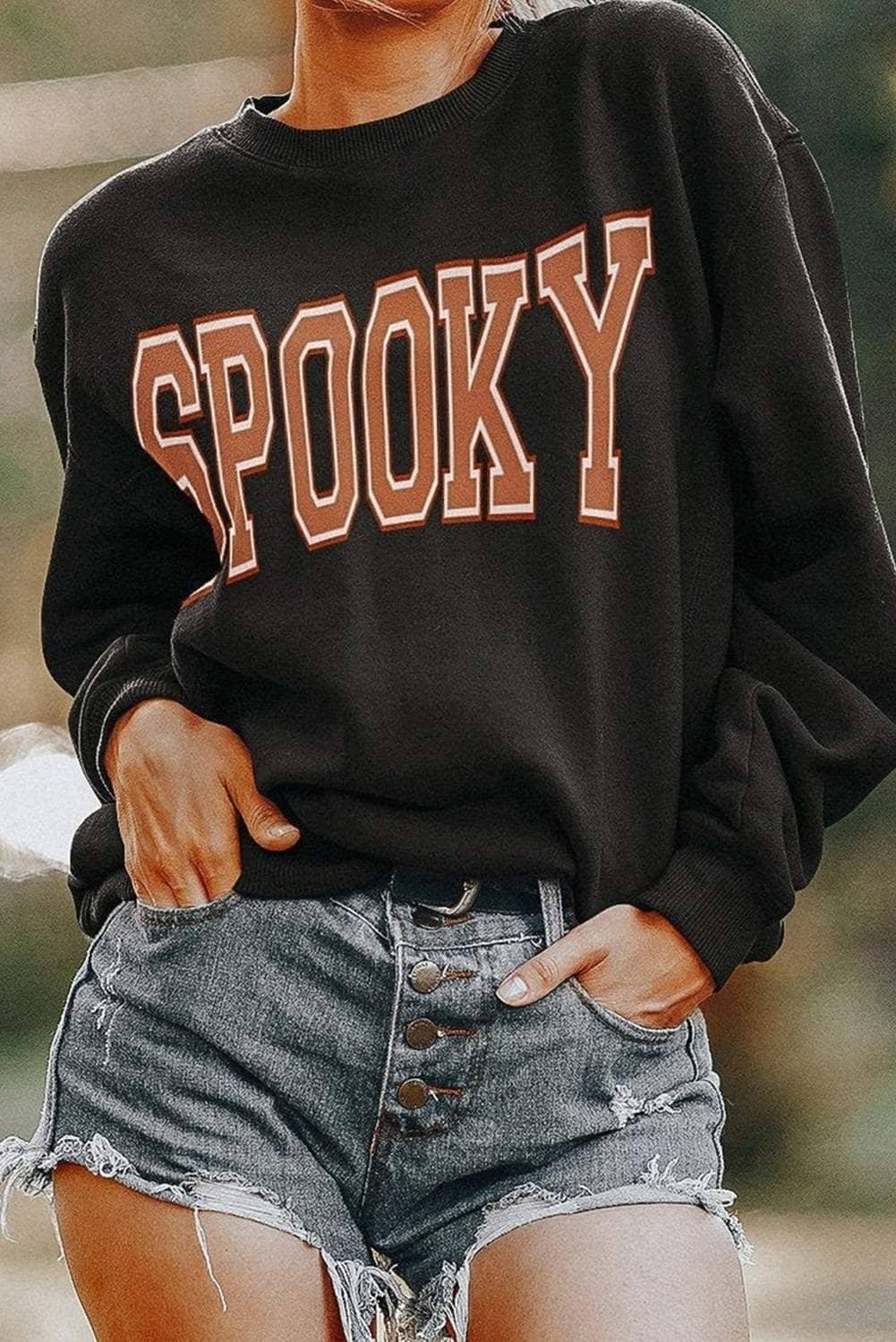 Black Spooky Graphic Drop Shoulder Halloween Pullover Sweatshirt