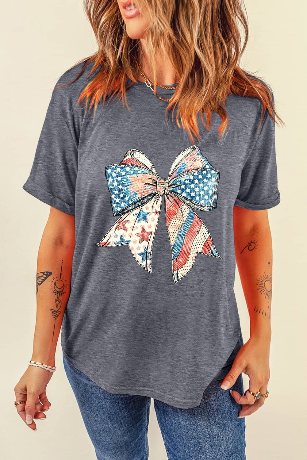 Gray Us Flag Bow Print Round Neck Loose T Shirt