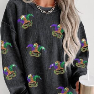 Black Mardi Gras Sequined Fleur De Lis Pattern Corded Sweatshirt