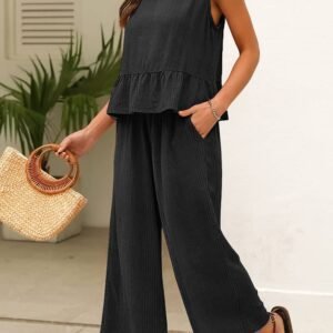 Black Solid Color Ribbed Ruffle Tank Top And Pants Set
