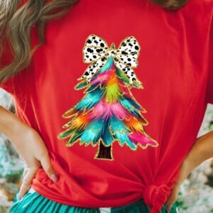 Red Bow Decor Christmas Tree Graphic Holiday T Shirt