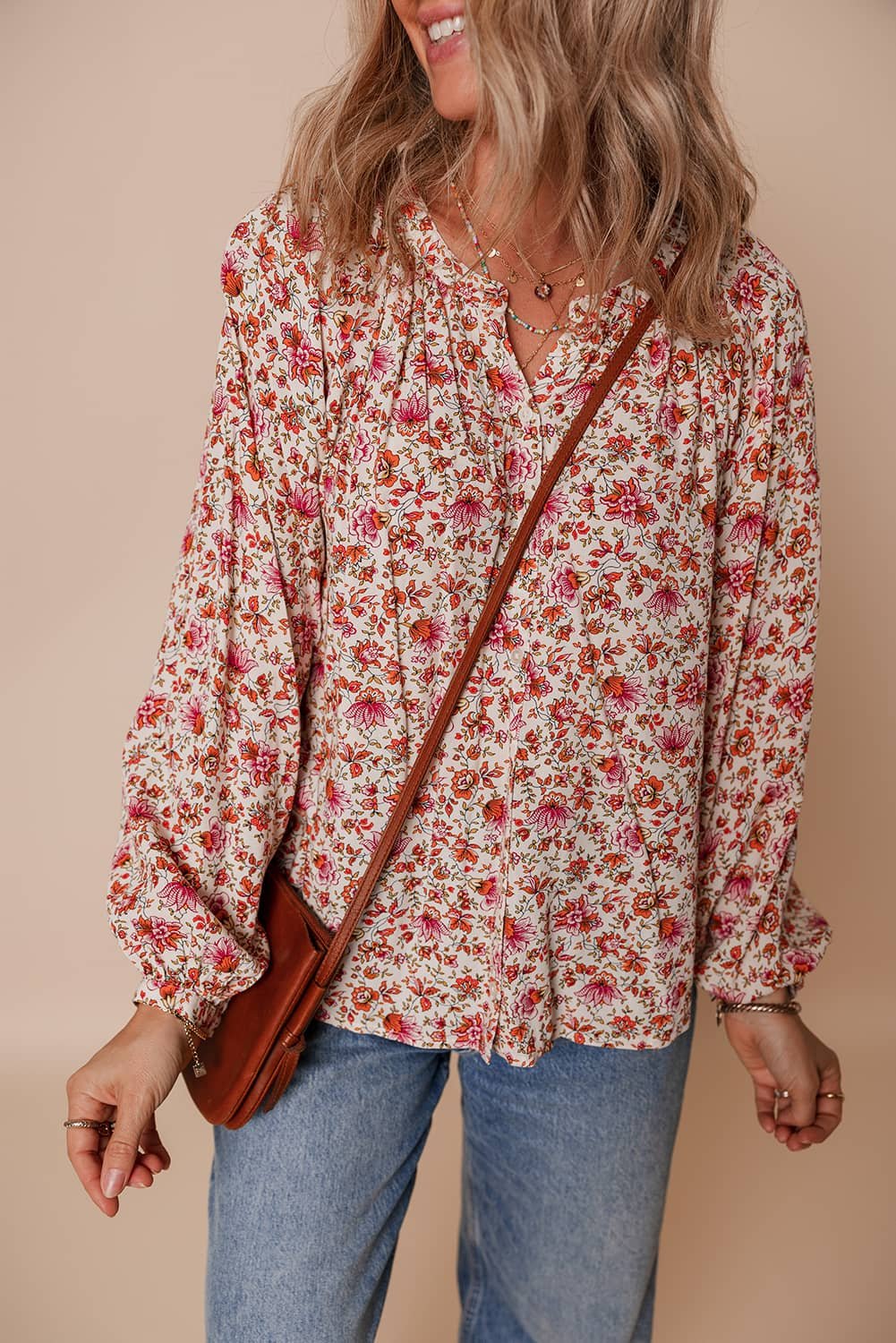 Red Floral Print Pleated Detail Notched Neck Puff Sleeve Blouse