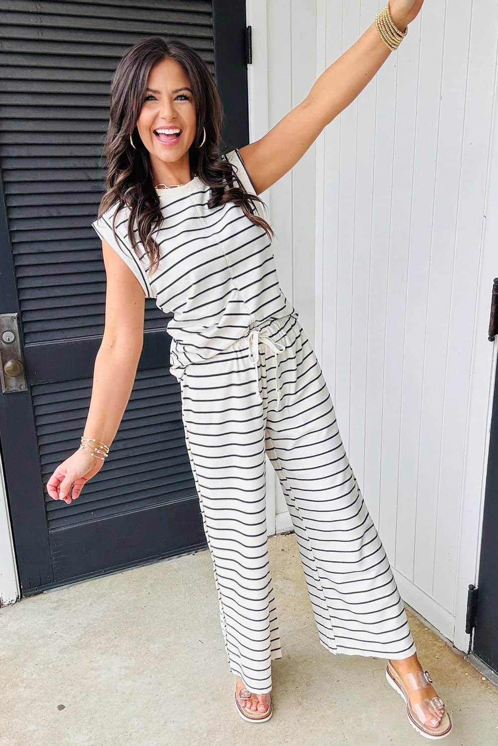 Black Stripe Casual Wide Leg 2Pcs Pants Set