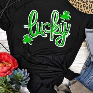 Black St. Patricks Lucky Clover Print O Neck T Shirt