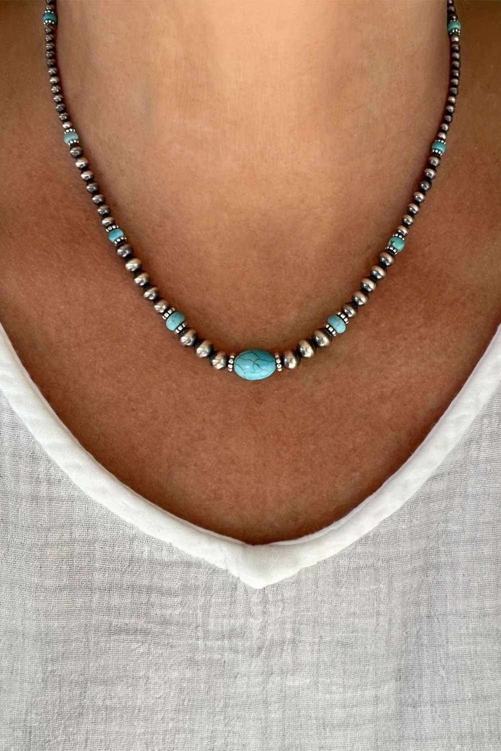 Silvery Western Turquoise Beaded Necklace And Earring Set