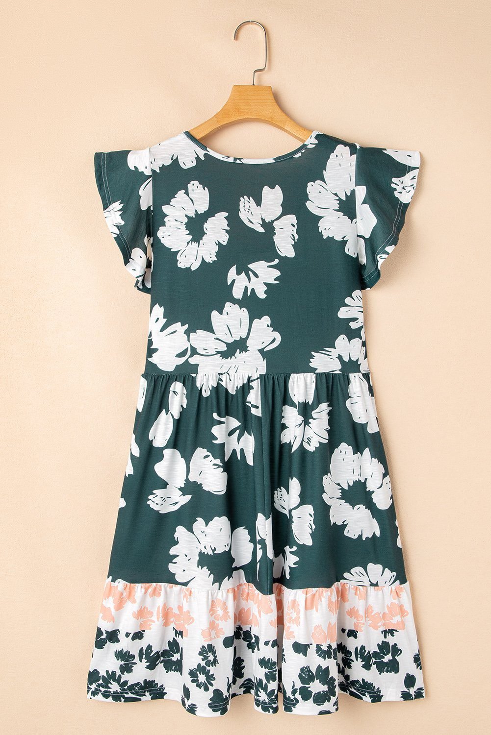 Green Floral Print Ruffle Sleeve Empire Waist Mini Dress