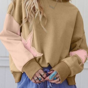 Sage Green Contrast Star Patchwork Exposed Seam Uneven Hem Drop Shoulder Sweatshirt