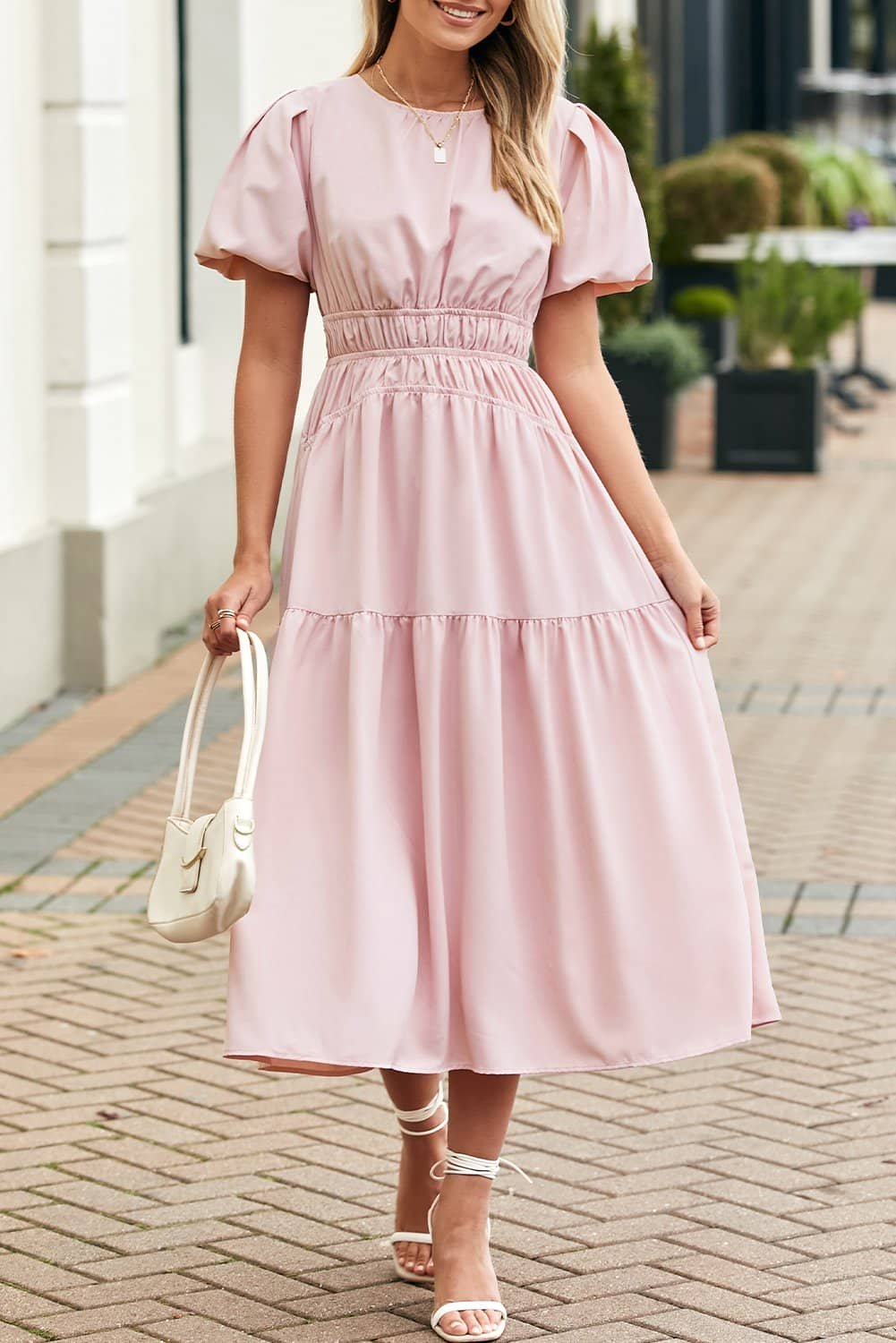 Pink Puff Sleeve Pleated High Waist Flowy Midi Dress