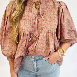 Light French Beige Floral Print Bow Pintuck Bust Half Puff Sleeve Blouse Top