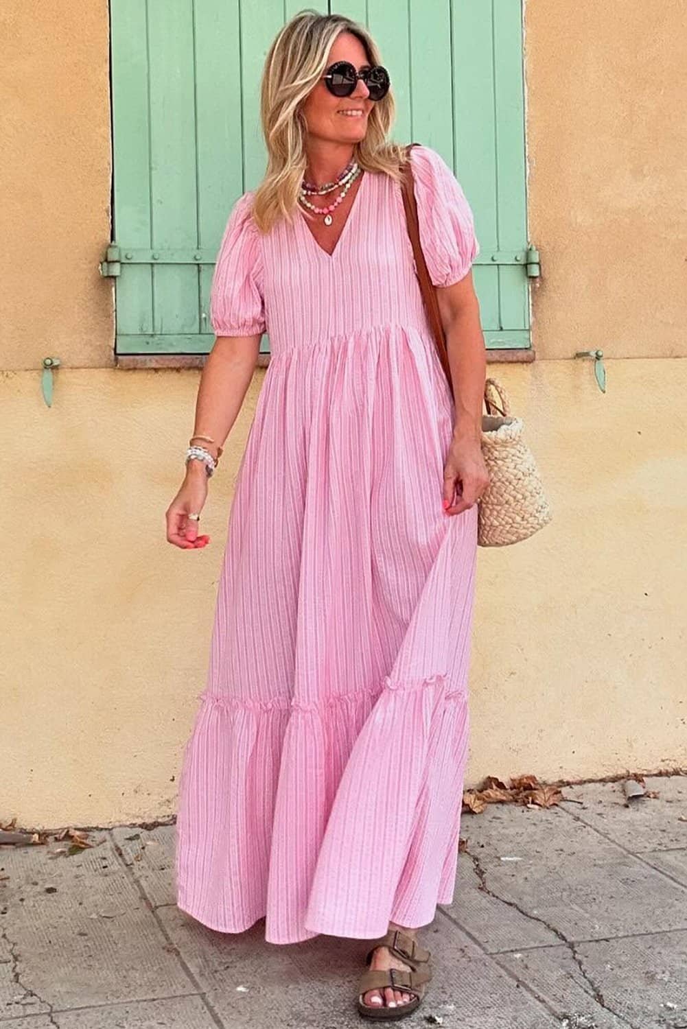 Pink Stripe V Neck Puff Short Sleeve Maxi Dress