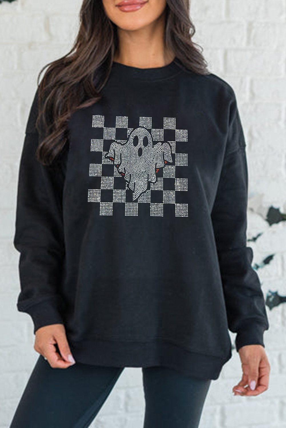 Black Rhinestone Checkered Halloween Ghost Drop Shoulder Sweatshirt