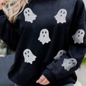 Black Glitter Ghost Pattern Crew Neck Halloween Sweatshirt