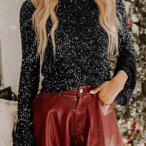 Black Sequin Mock Neck Drape Open Back Bell Sleeve Top