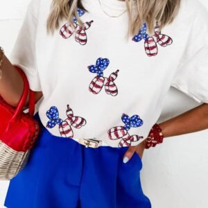 White Sequin Stars And Stripes Balloon Puppy Graphic Crewneck Tee