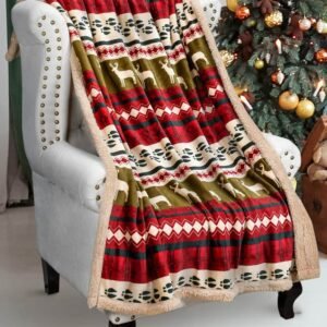 Dark Green Christmas Elk Print Reversible Sherpa Fleece Blanket 130*150Cm